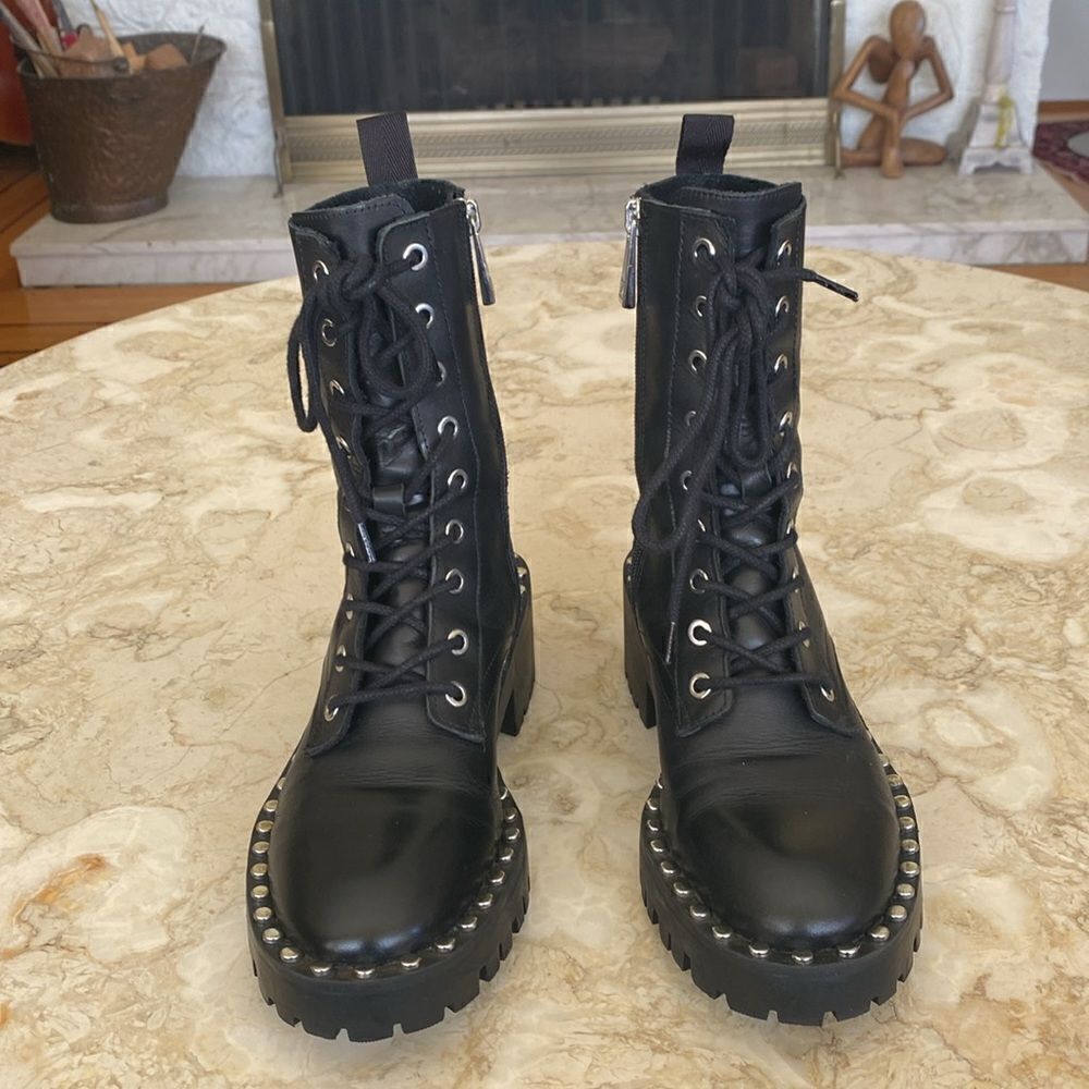 Zara Black Leather Military Lace Up Chunky Ankle Boots With Studs - Picture 4 of 14